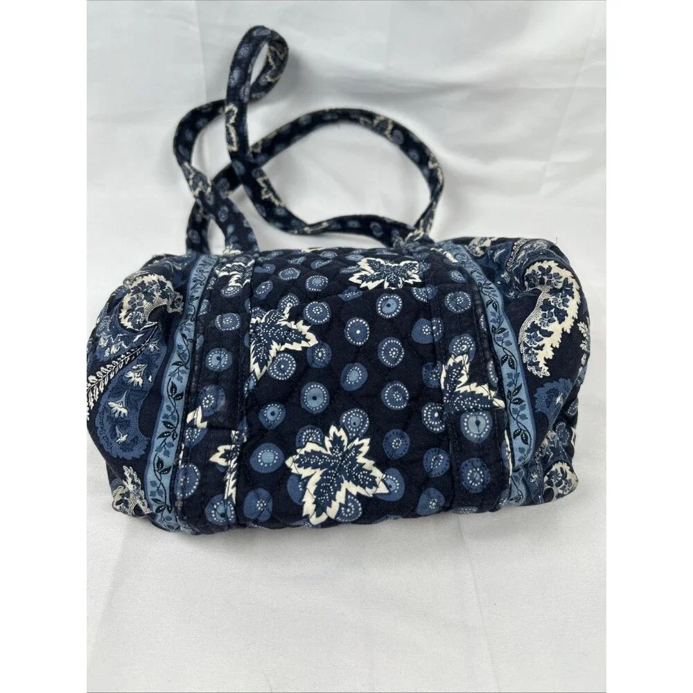 Vtg Vera Bradley Small Blue Duffel Bag Quilted Made in USA Leaf Paisley White